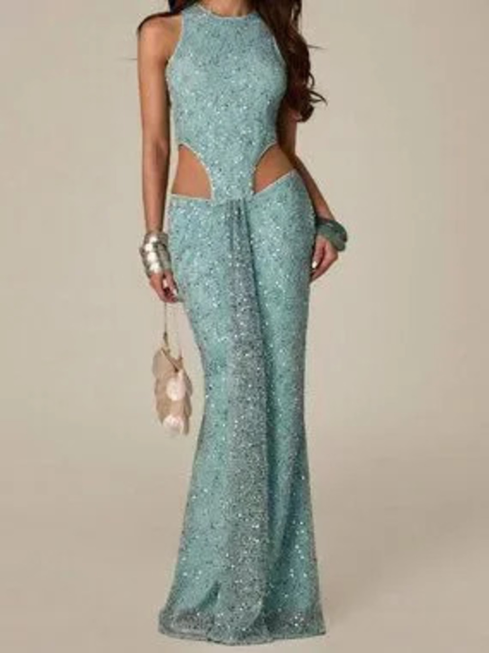Green Mesh Beaded Women's Summer Flowy Dress with Round Neck